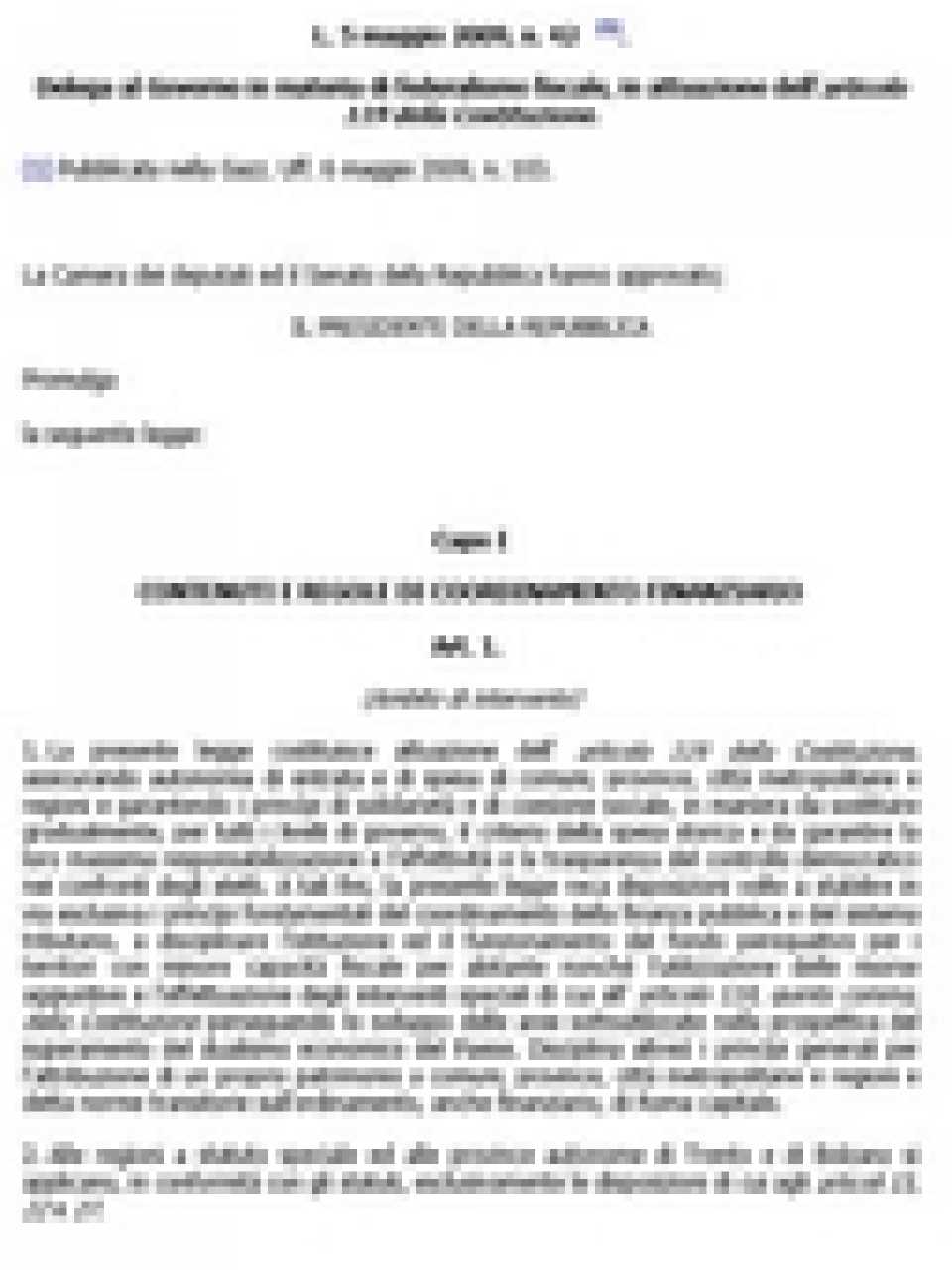 Legge 5 maggio 2009, n. 42 - Delega al Governo in materia di federalismo fiscale, in attuazione dell' articolo 119 della Costituzione