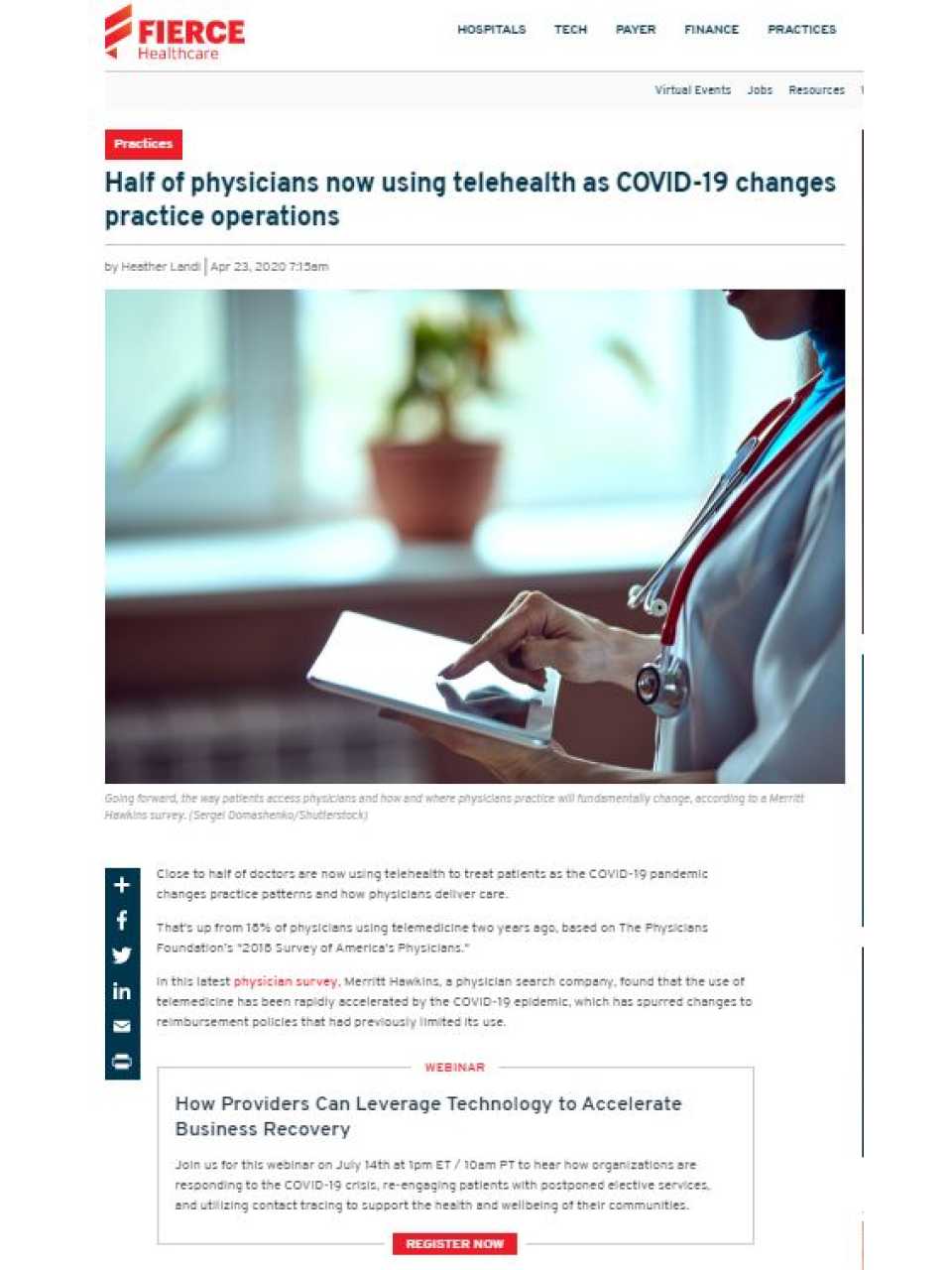 Telehealth - Half of physicians now using telehealth as COVID-19 changes practice operations