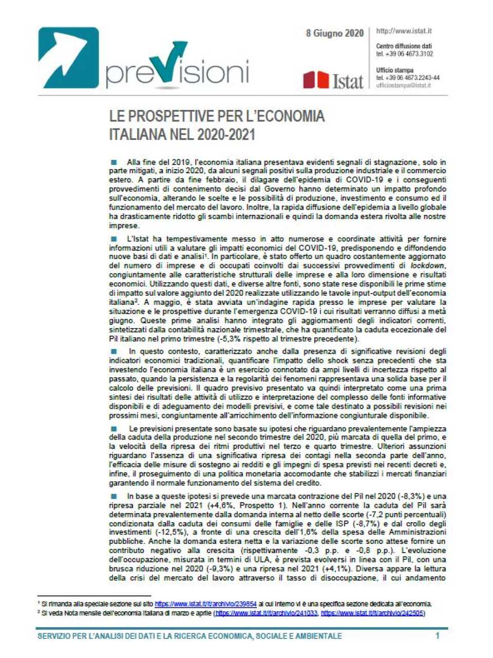 Le prospettive per l'economia italiana nel 2020-2021