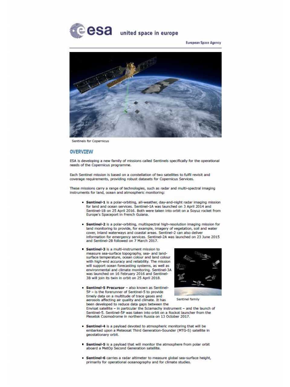 Overview Copernicus Observing the Earth