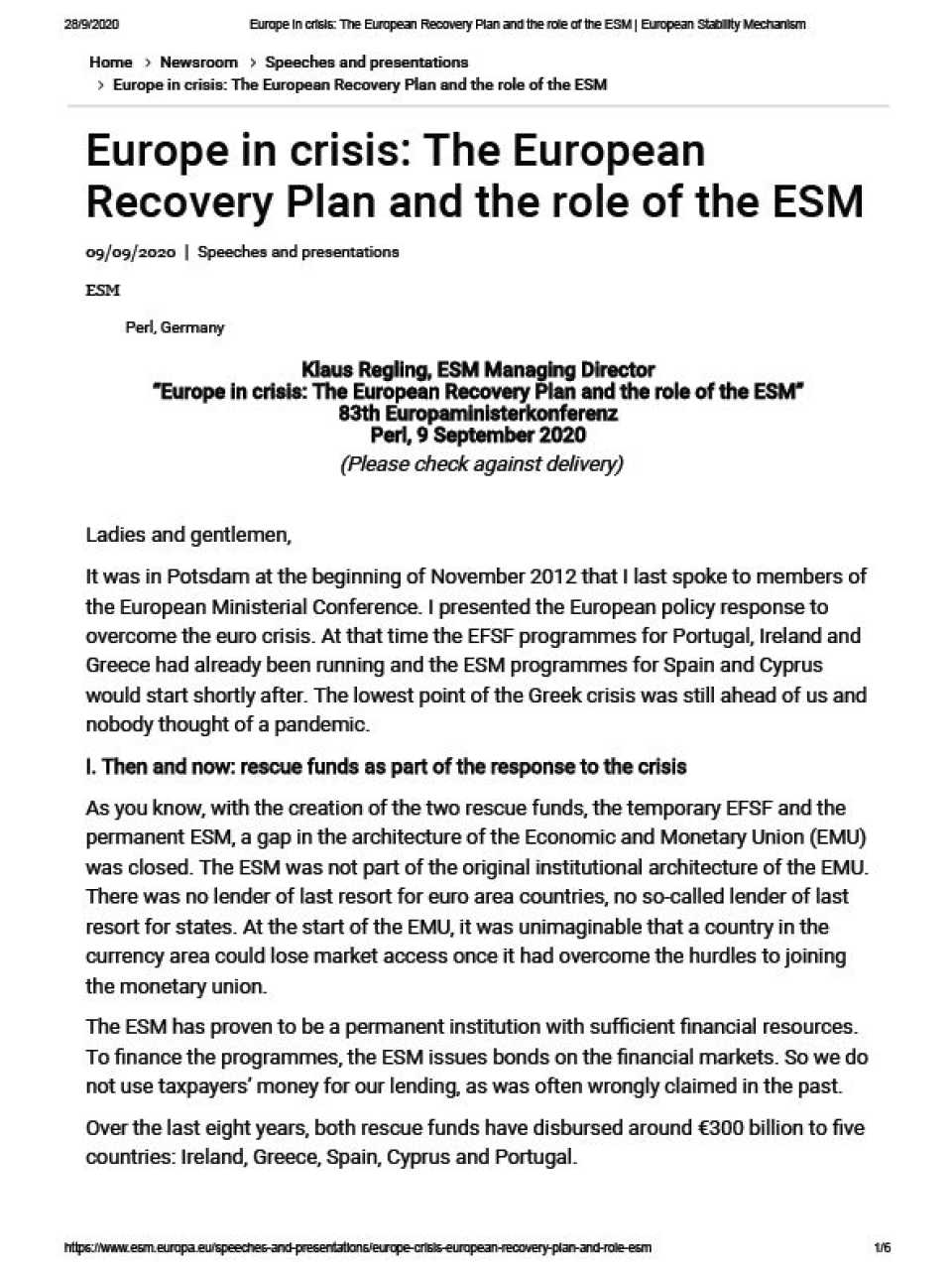 Europe in crisis: The EuropeanRecovery Plan and the role of the ESM