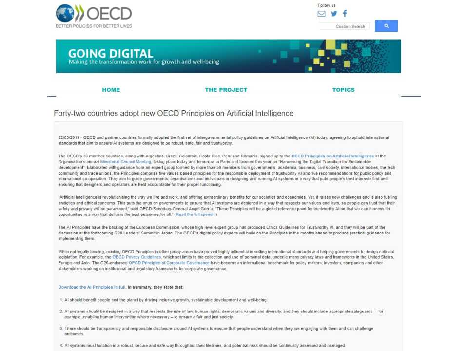 Forty-two countries adopt new OECD Principles on Artificial Intelligence