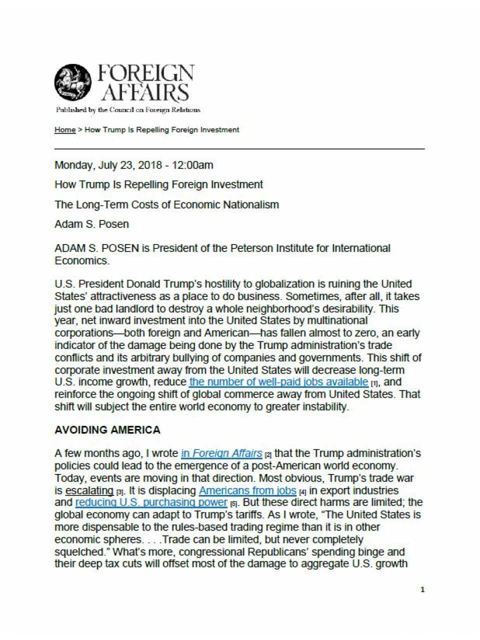 How Trump is repelling foreign investment. The long-term costs of economic nationalism