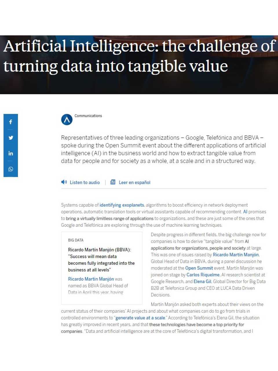 Artificial Intelligence: the challenge of turning data into tangible value