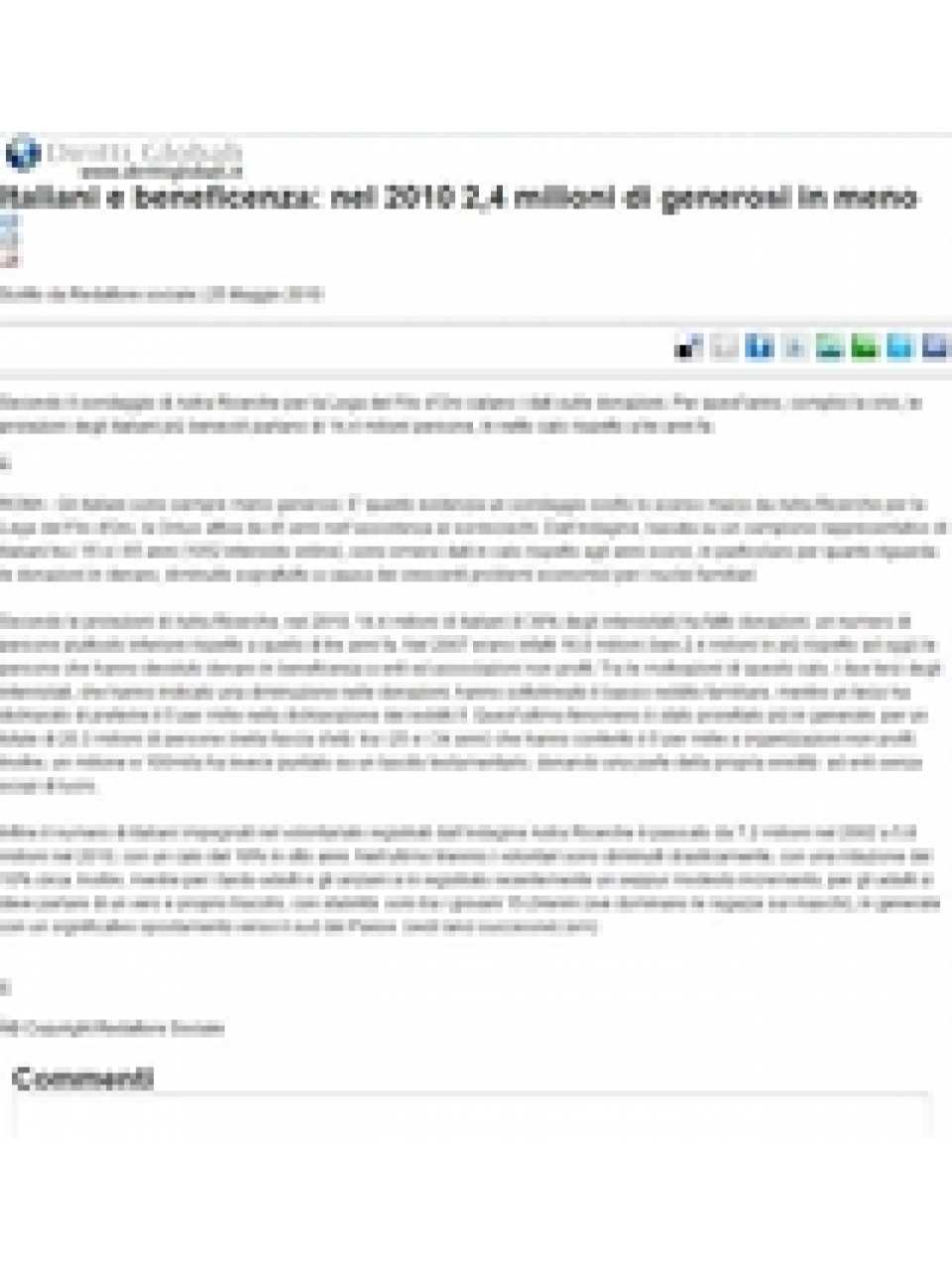 Italiani e Beneficenza: Nel 2010 2,4 milioni di generosi in meno