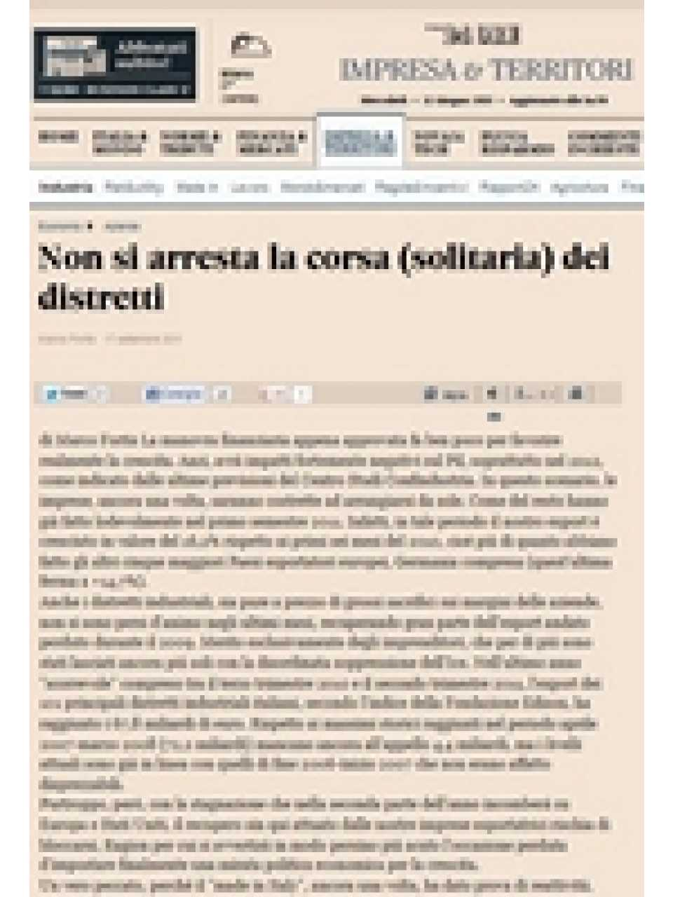 Non si arresta la corsa (solitaria) dei distretti