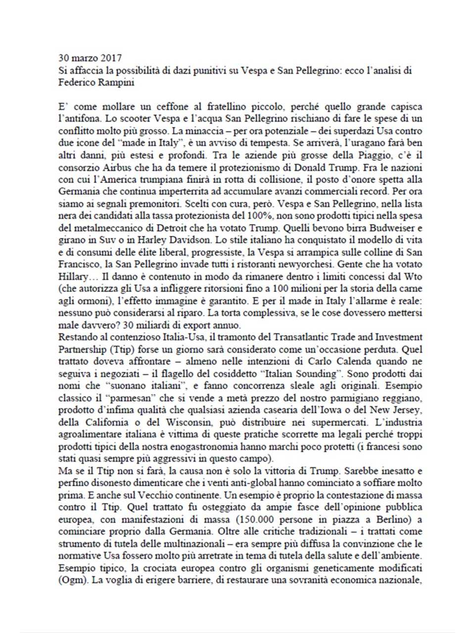 Si affaccia la possibilità di dazi punitivi su Vespa e San Pellegrino: ecco l’analisi di Federico Rampini
