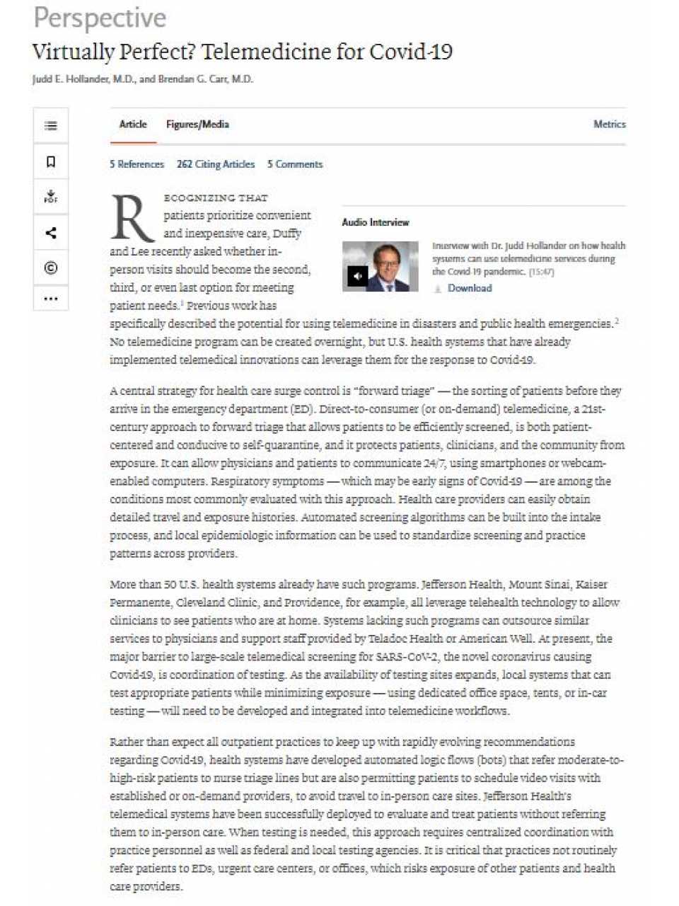 Telehealth - Virtually Perfect? Telemedicine for Covid-19