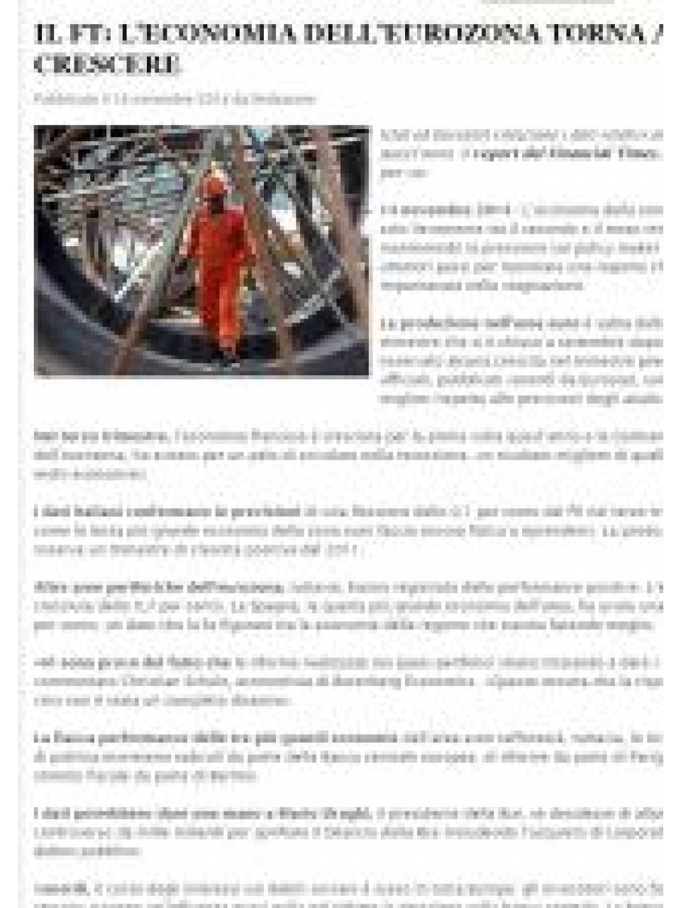 Il FT: l'economia dell'eurozona torna a crescere