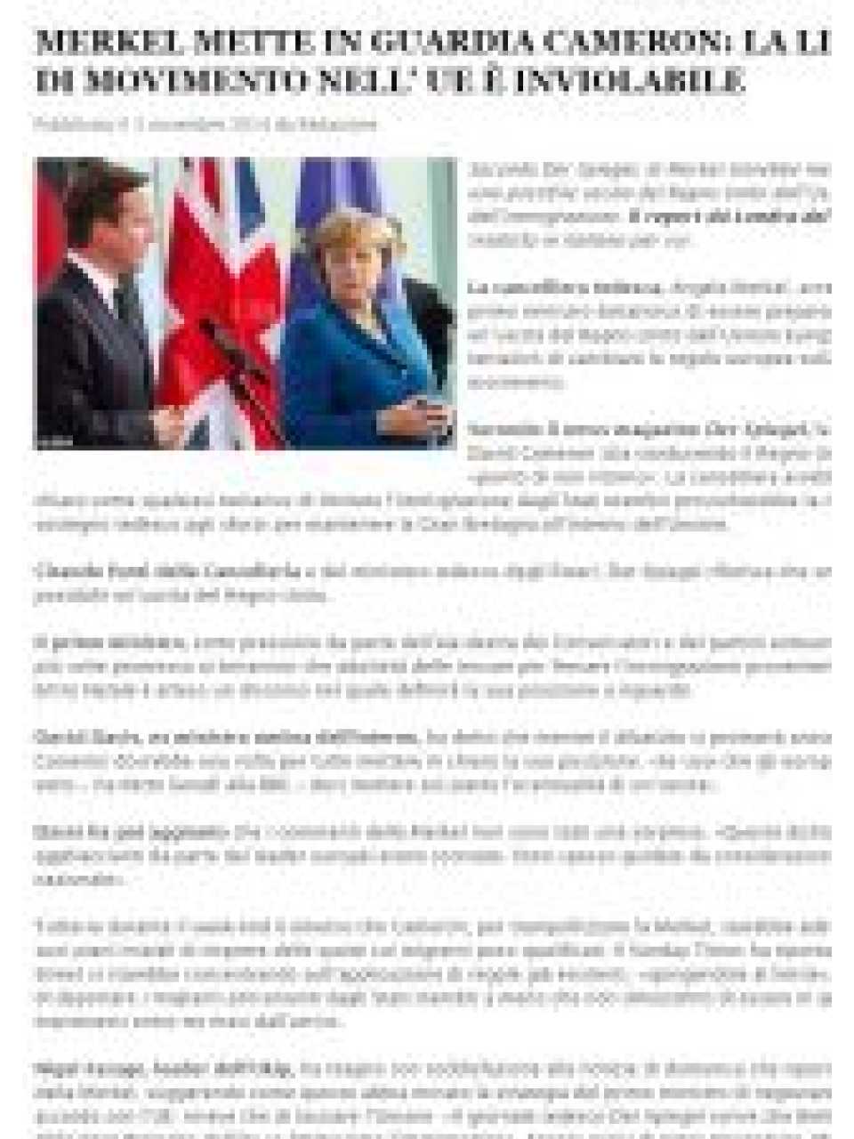 Merkel mette in guardia Cameron: la libertà di movimento nella UE è inviolabile