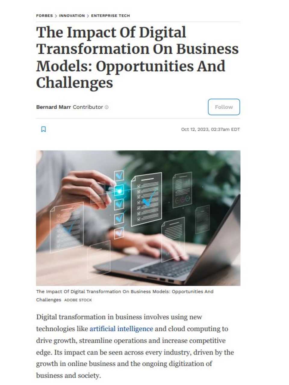 The impact of digital transformation on business models: opportunities and challenges