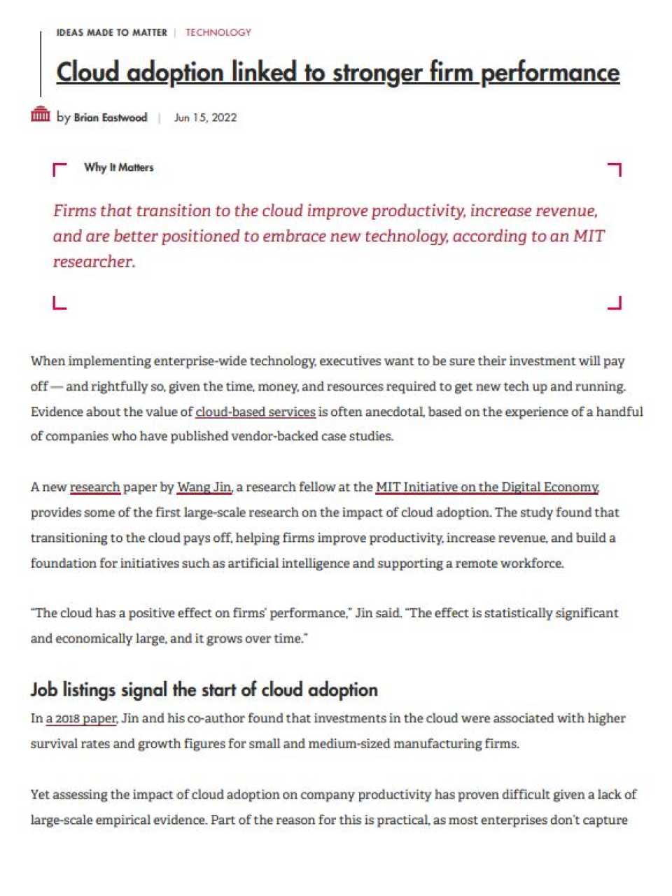 Cloud adoption linked to stronger firm performance