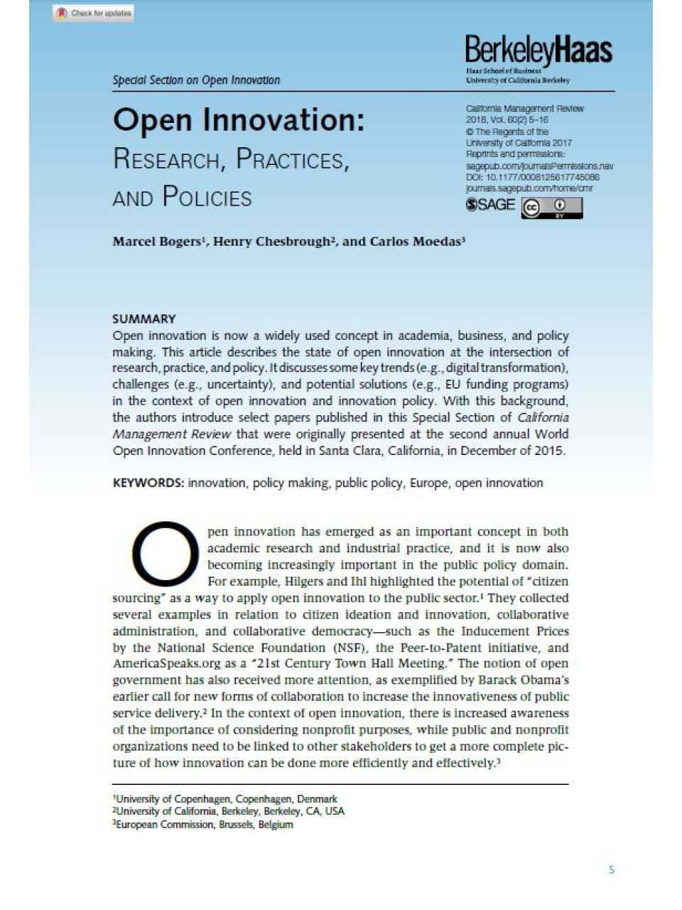 Open Innovation: Research, Practices, and Policies