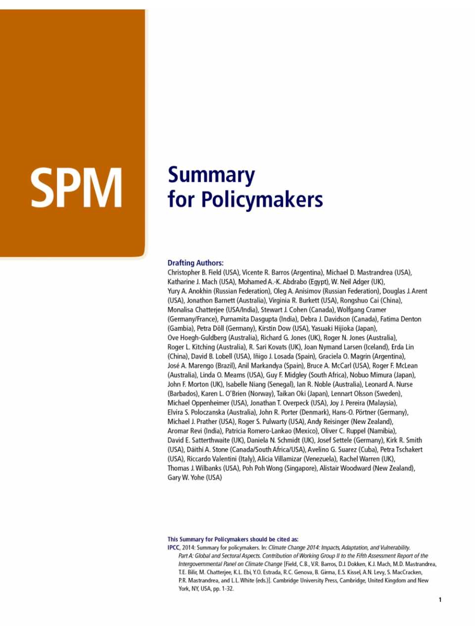 Summary for policymakers. Climate change 2014. Impacts, adaptation, and vulnerability