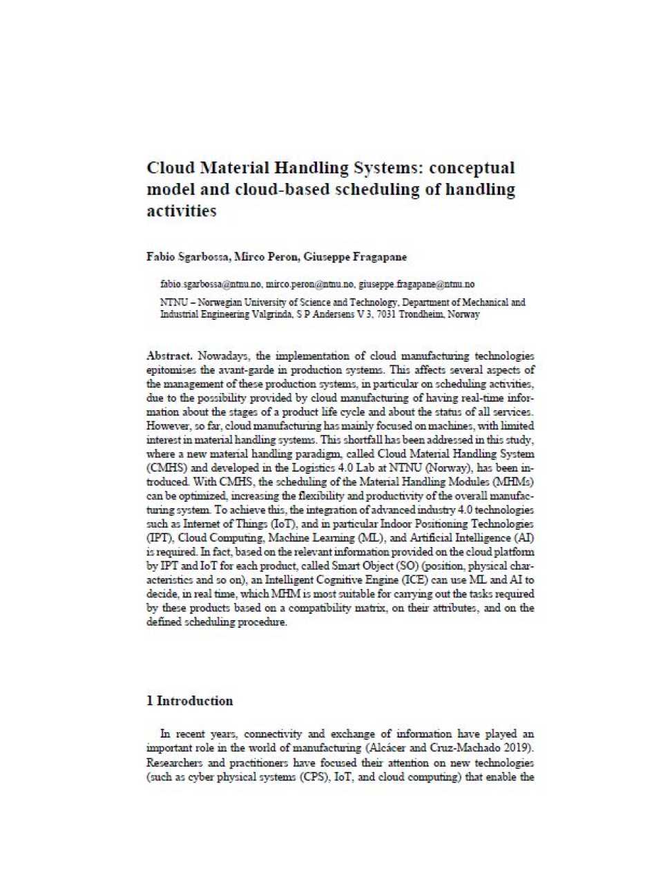 Cloud material handling systems: conceptual model and cloud-based scheduling of handling activities