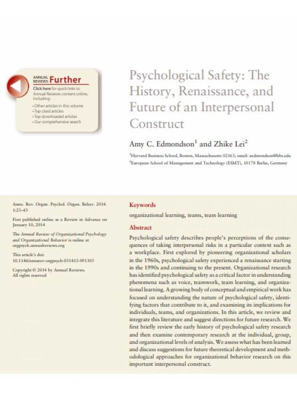Psychological safety: the history, renaissance, and future of an interpersonal construct