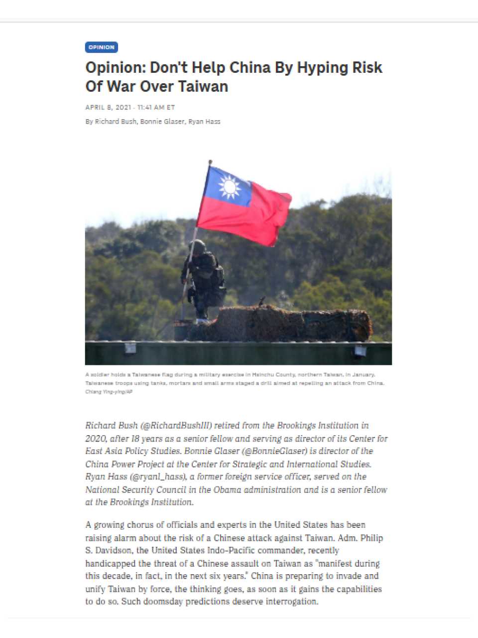 Don't Help China By Hyping Risk Of War Over Taiwan