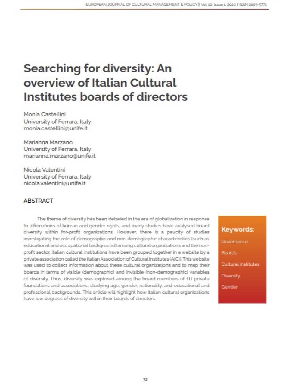 Searching for diversity: an overview of Italian Cultural Institutes boards of directors