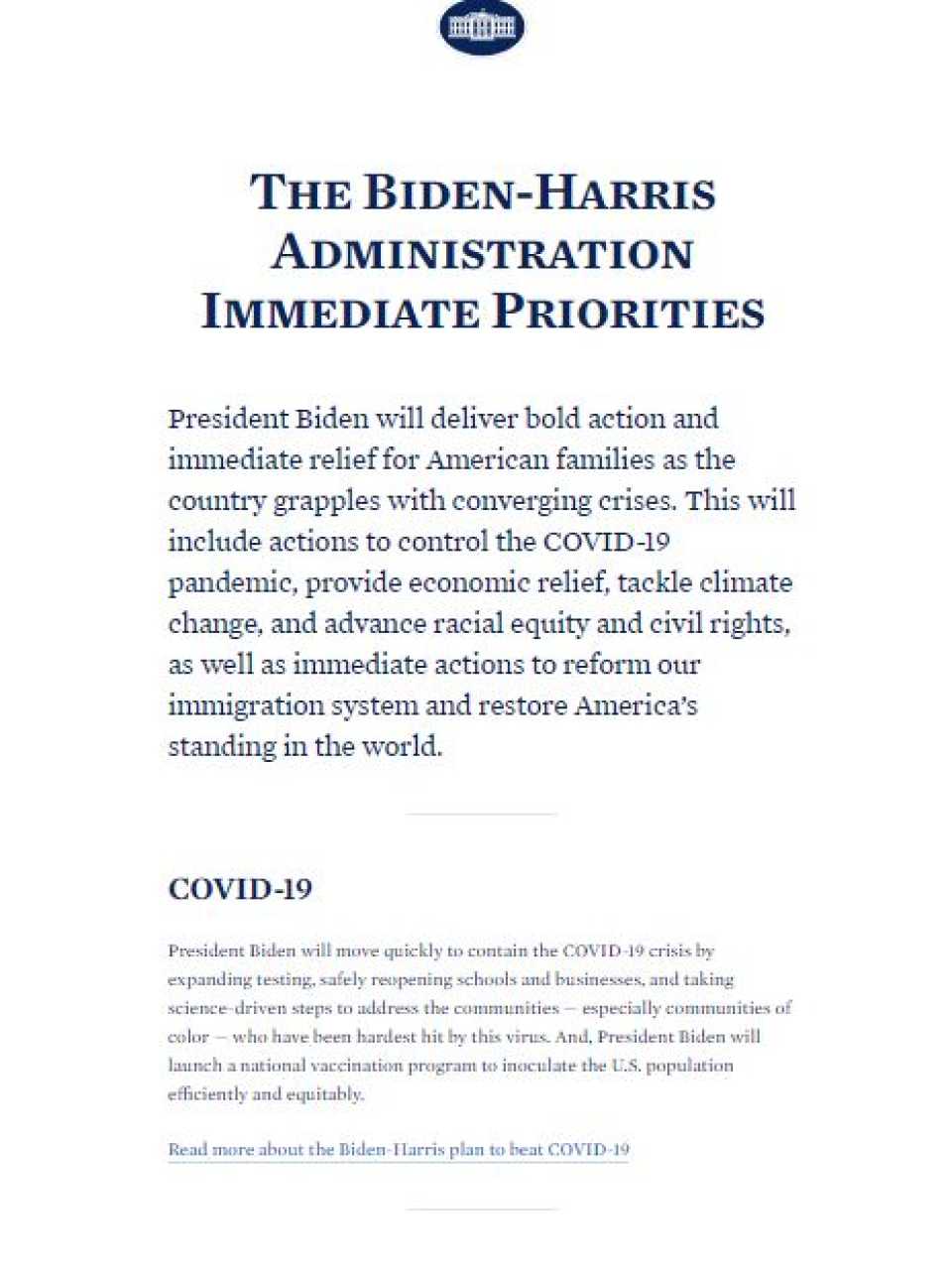 The Biden-Harris administration immediate priorities